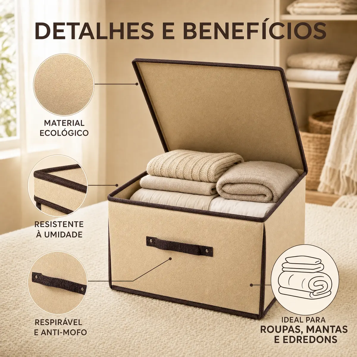 Detalhes e benefícios da caixa organizadora com tampa