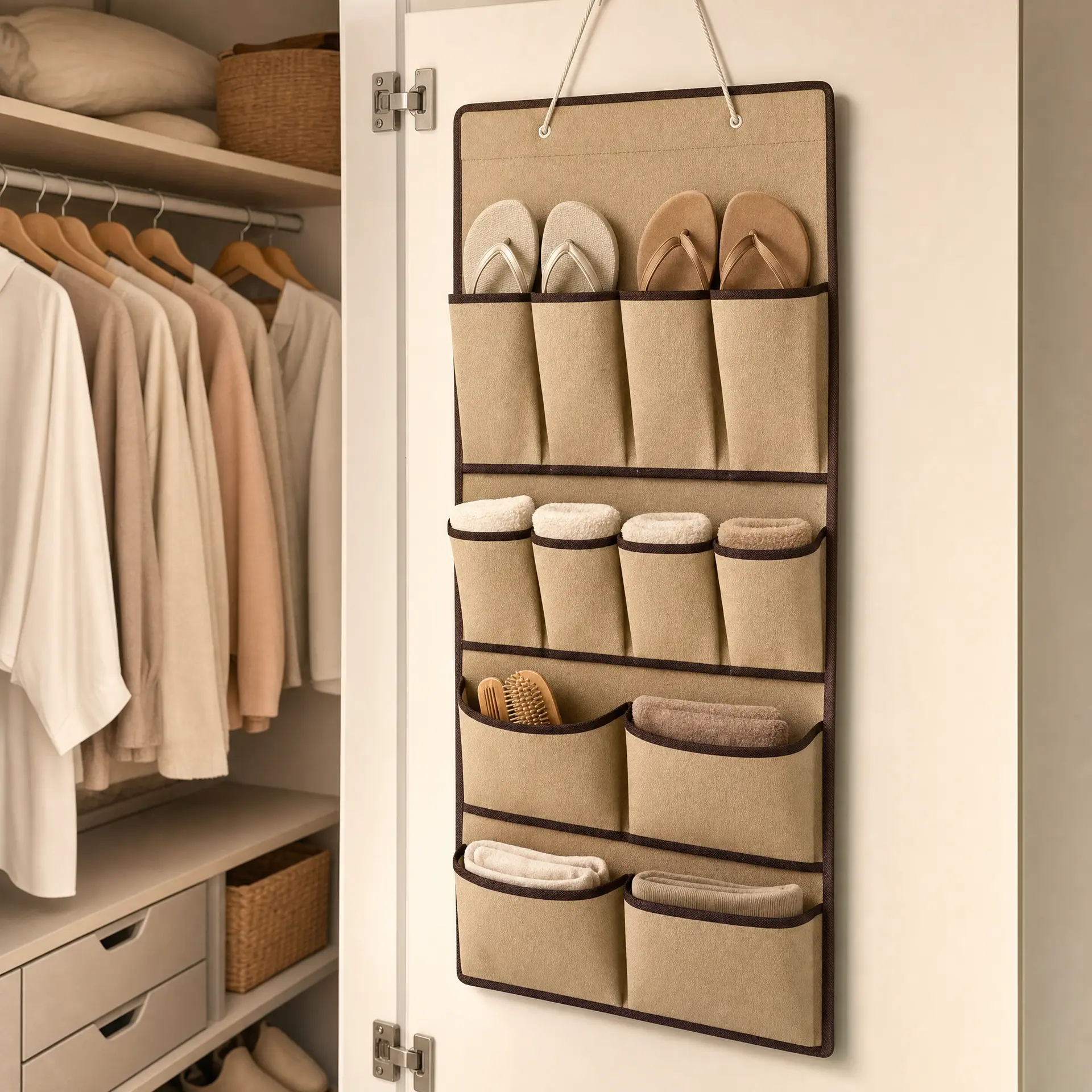 Sapateira de 12 bolsos instalada na porta do closet